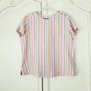 Lands End Pastel Stripe Linen Short Sleeve Pullover Top Womens XL